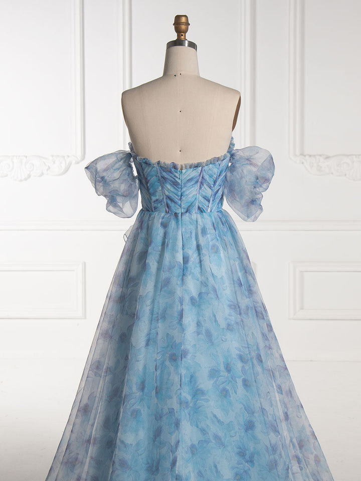 Off The Shoulder Blue Floral Printed Organza Party Dress YE3008