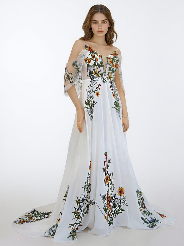 Boho Colorful 3D Lace Wedding Dress Garden Wedding Gown with Short Butterfly Sleeves
