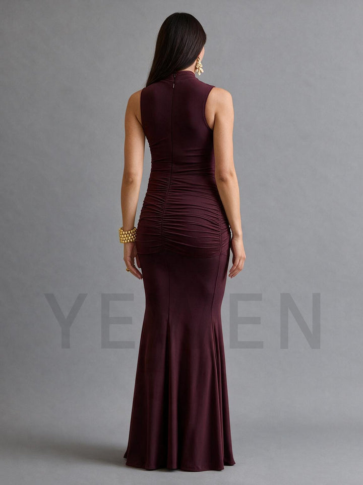 High Neck Fitted Maternity Dress for Baby Shower with Draped Tie Waist