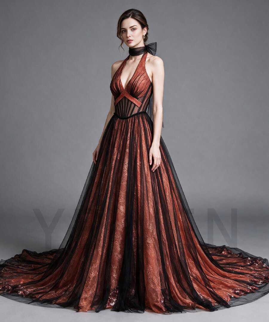 Halter Corset Tulle Evening Gown with Sequin Train YX26103