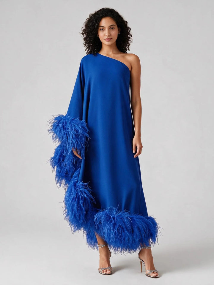 Blue One-Shoulder Poncho Ostrich Feather Satin Evening Gown YW2610064