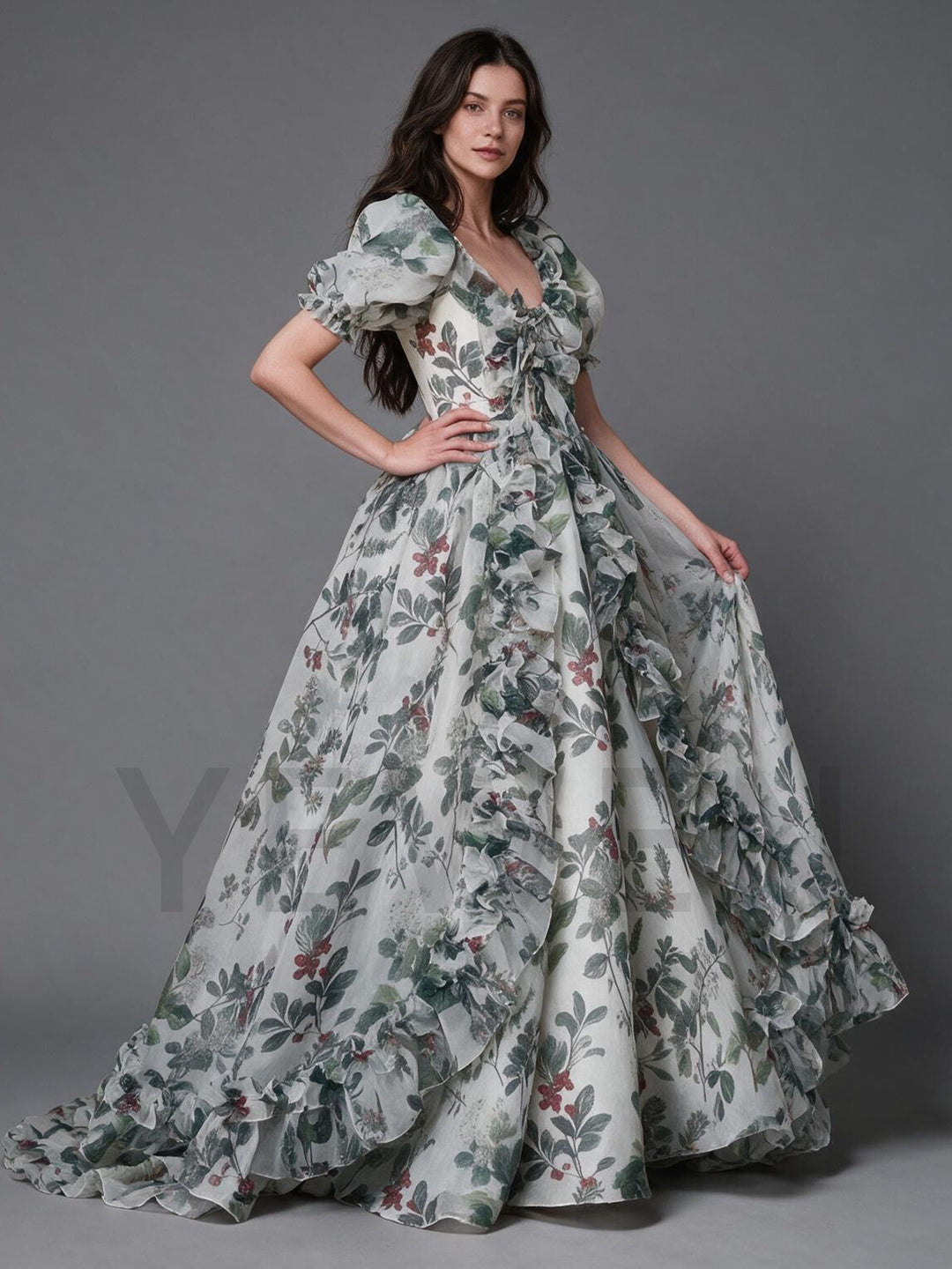 Cream Green Botanical Floral Puff Sleeve Princess Dress YW2610162