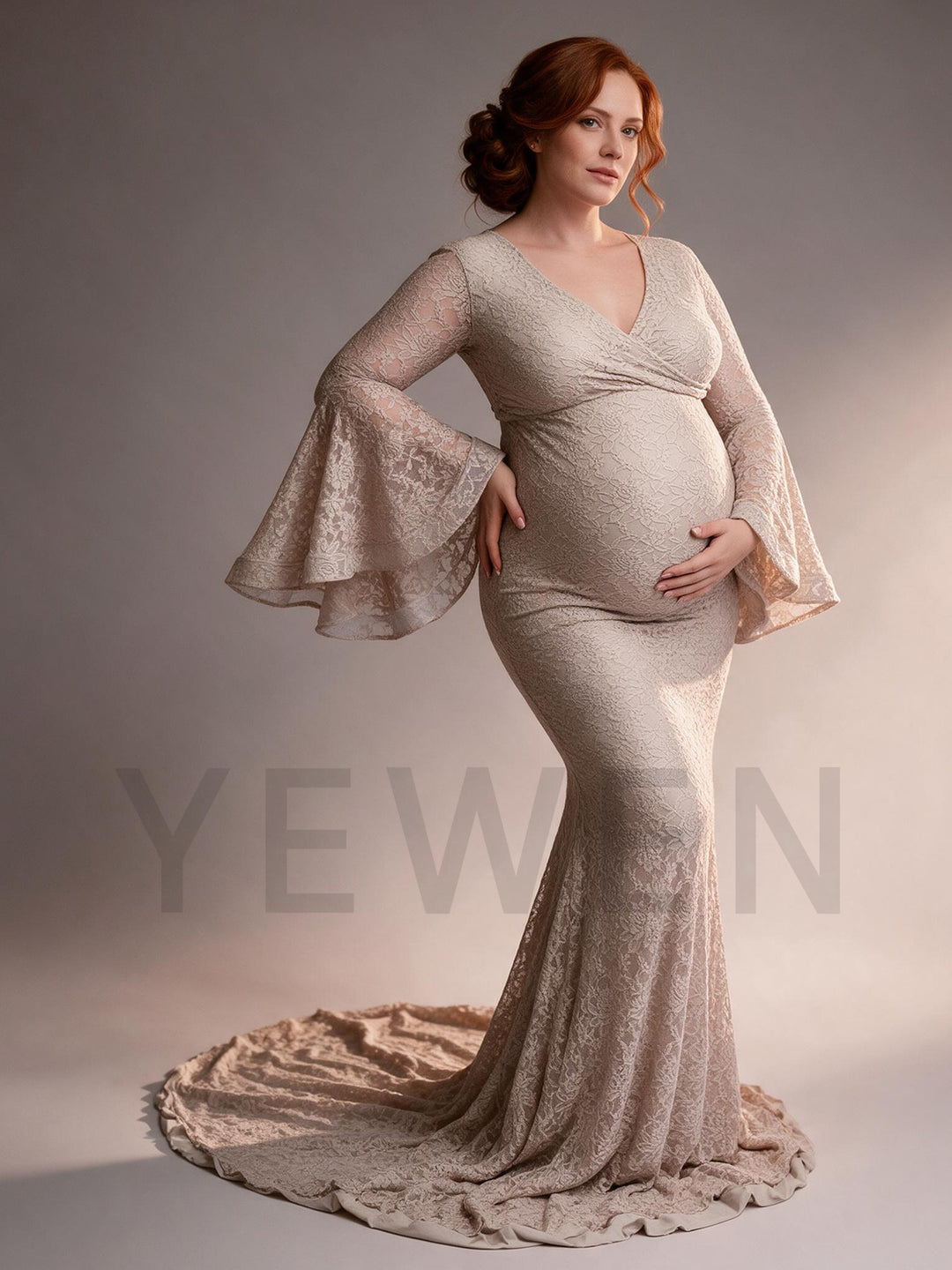 Lace Bell Sleeve V-Neck Mermaid Maternity Photoshoot Gown YW2609307