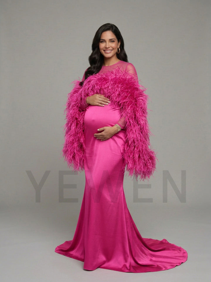 Dramatic Ostrich Feather Cape Maternity Baby Shower Dress YD260917