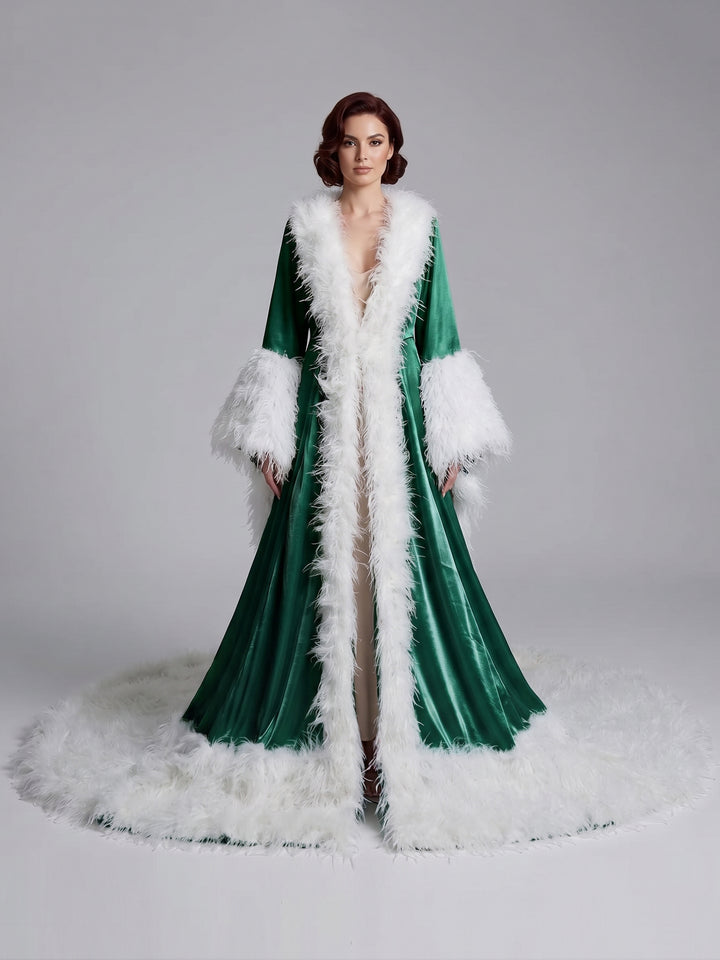 Velvet Ostrich Feather Christmas Robe Long Sleeve Open Front YW243135