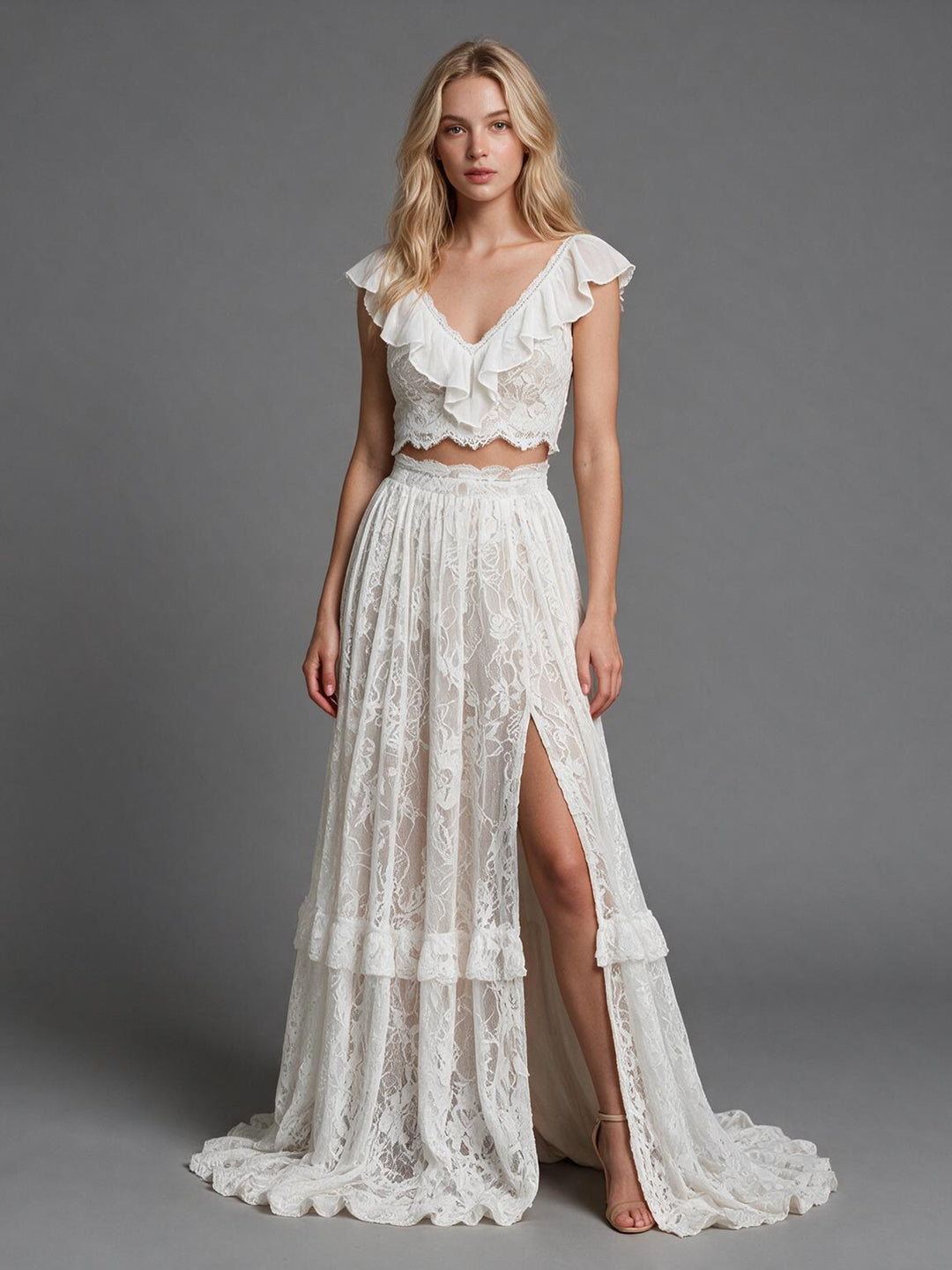 Ivory Two-Piece V-Neck Ruffle Flutter Sleeves Wedding Dress