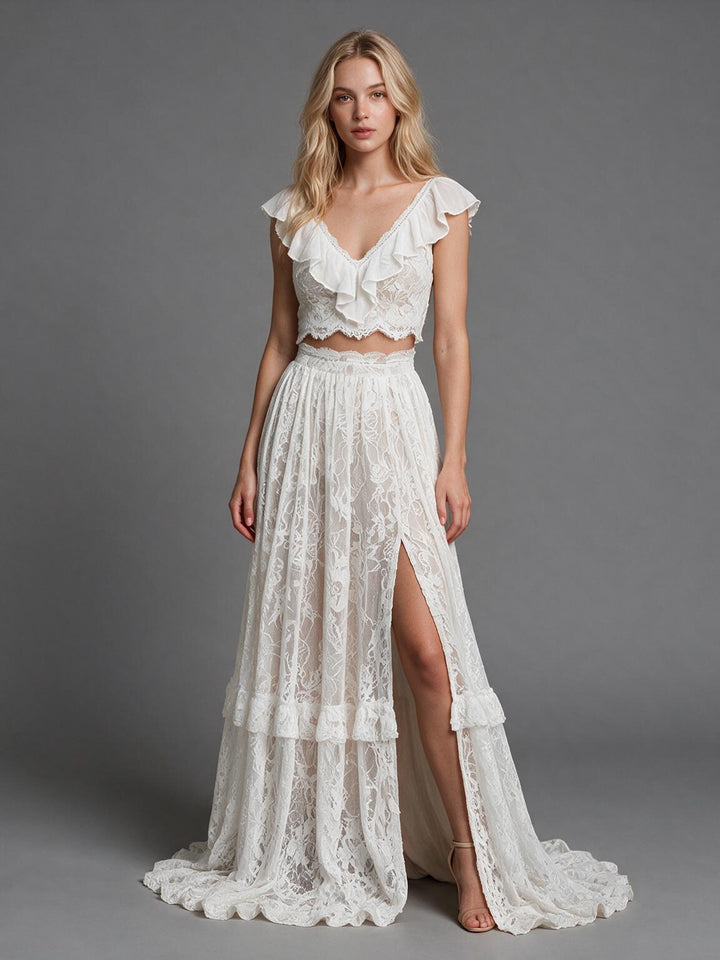 Ivory Two-Piece V-Neck Ruffle Flutter Sleeves Wedding Dress