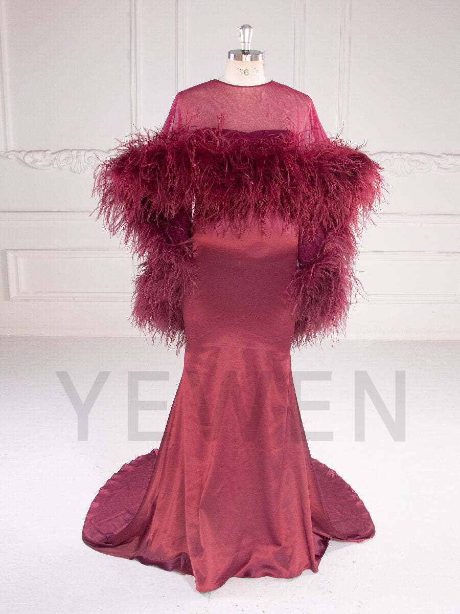 Burgundy Ostrich Feather Cape Maternity Baby Shower Dress YD260917