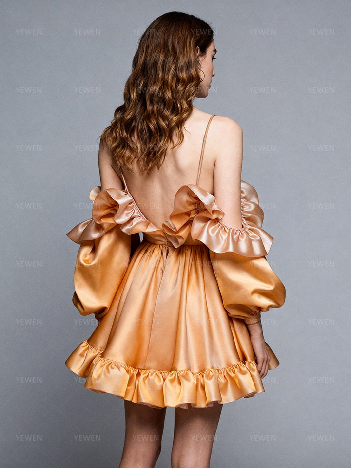 Orange Organza Birthday Party Dress Puffy Sleeves Mini Formal Club Gown