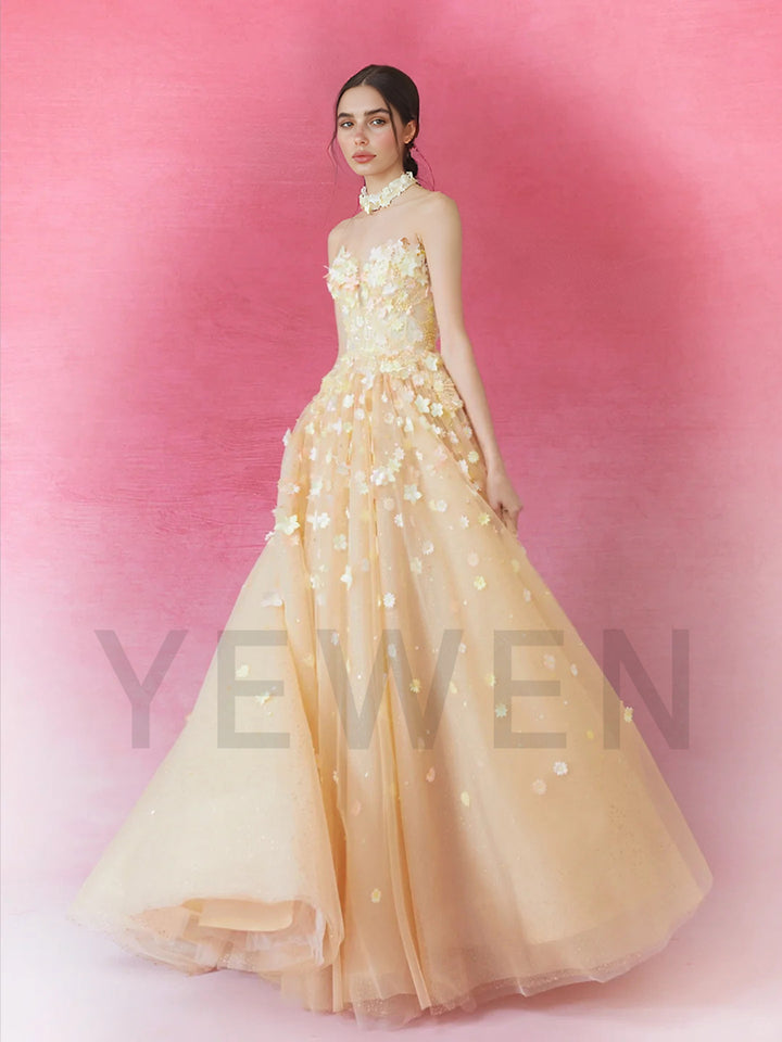 A Line Off Shoulder Evening Dress with  3D Floral Applique Prom Party Gown