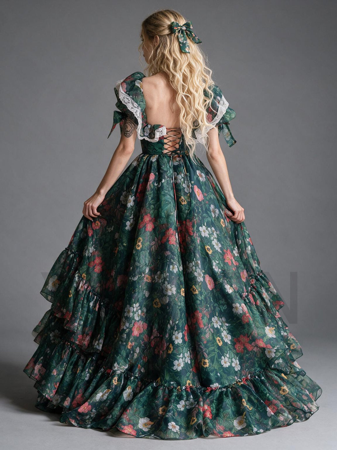 Green Floral Print Lace Ruffle Puff Sleeve Princess Dress YM260903