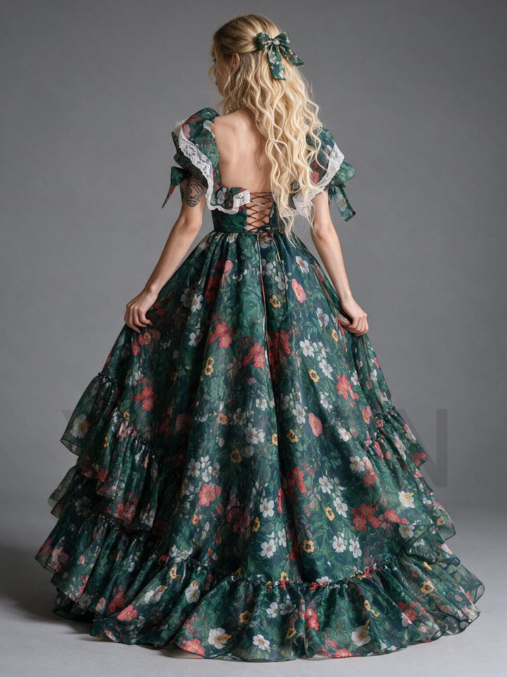 Green Floral Print Lace Ruffle Puff Sleeve Princess Dress YM260903