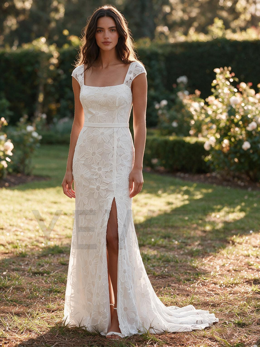 Ivory Cap Sleeve Lace Boho Wedding Dress with 3D Floral Embroidery