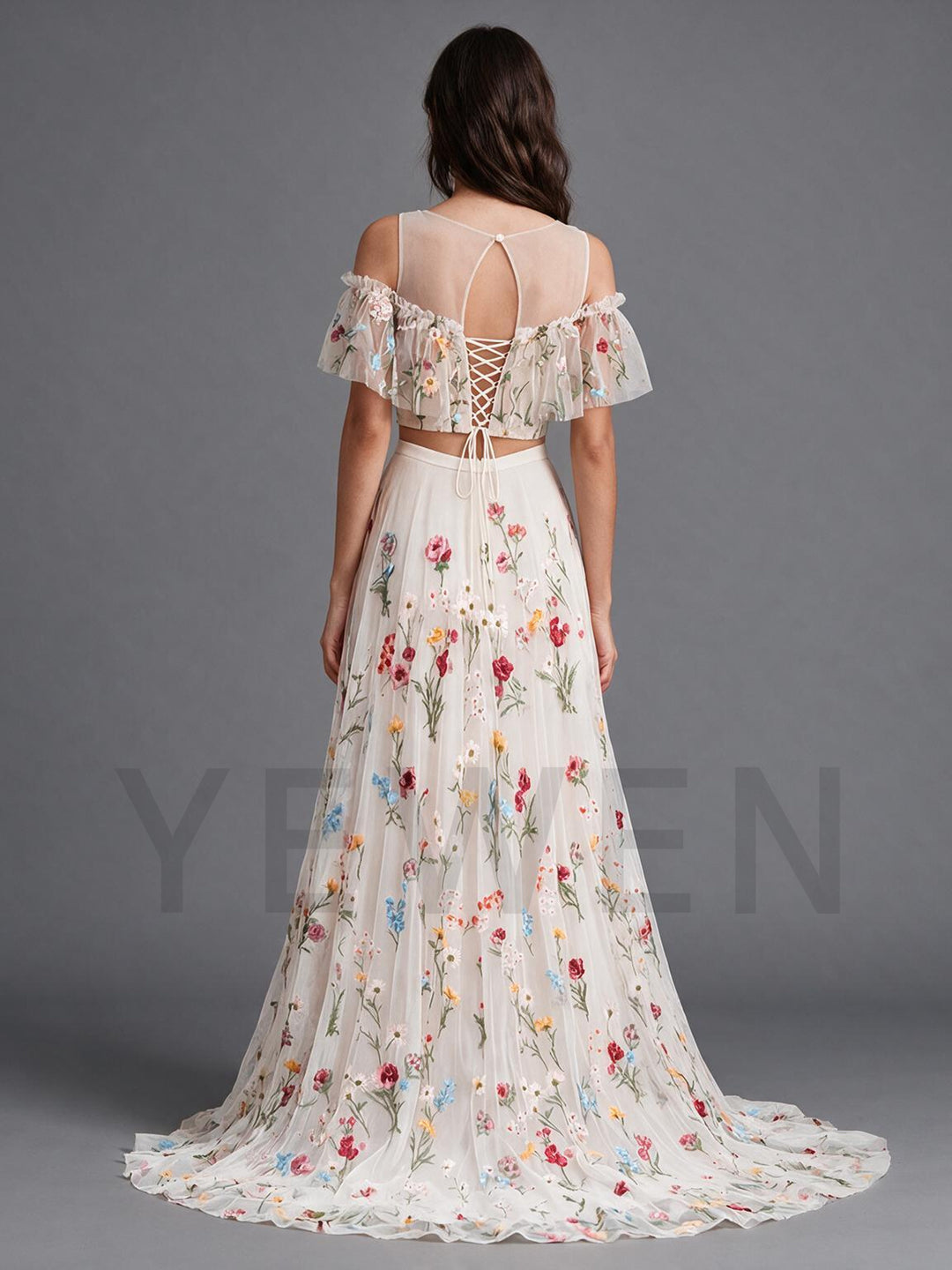 Ivory Two-Piece Off-Shoulder Ruffle Floral Boho Wedding Dress
