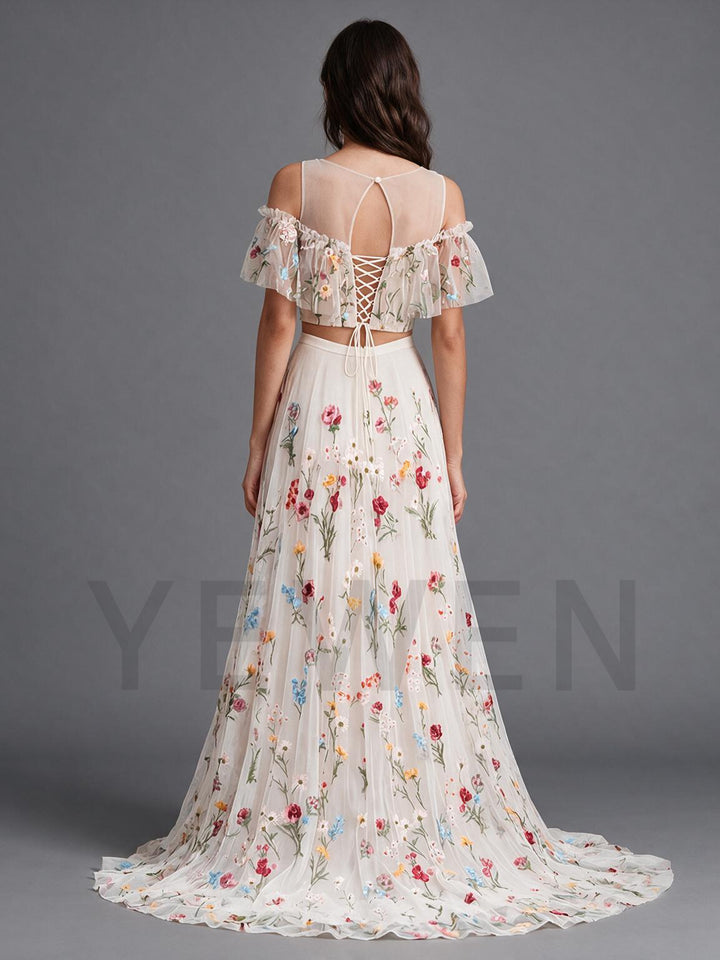 Ivory Two-Piece Off-Shoulder Ruffle Floral Boho Wedding Dress