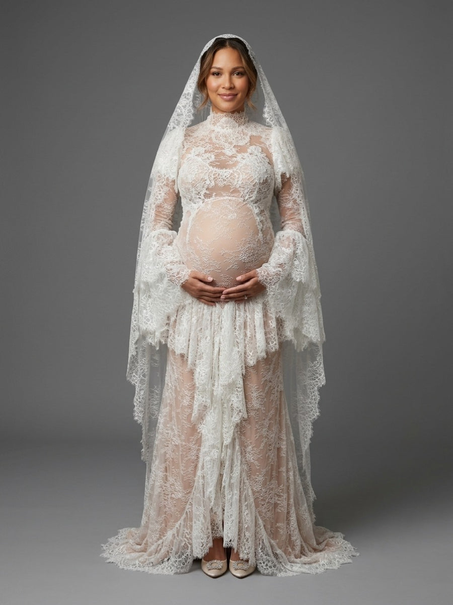 Ivory Mock Neck Lace Maternity Wedding Dress (without Veil) YD261007