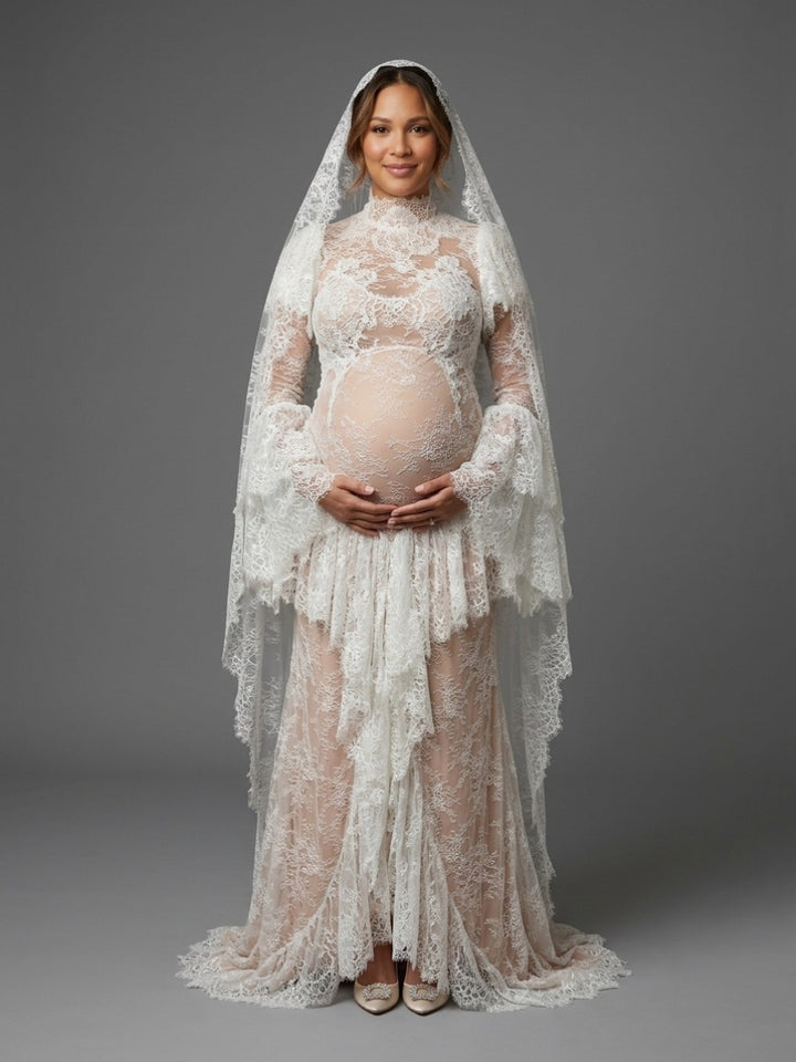 Ivory Mock Neck Lace Maternity Wedding Dress (without Veil) YD261007