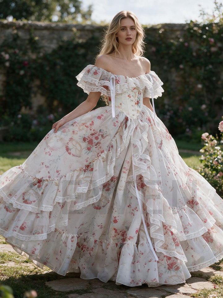 Floral Print Lace Off-Shoulder Tiered Ruffle Princess Dress YW26101411