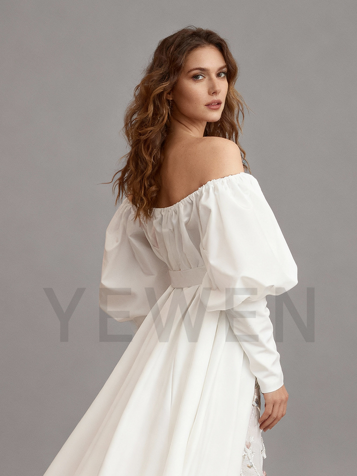 Fashion V Neck Mermaid Beads Wedding Dress Off Shoulder Long Sleeves Bridal Gown