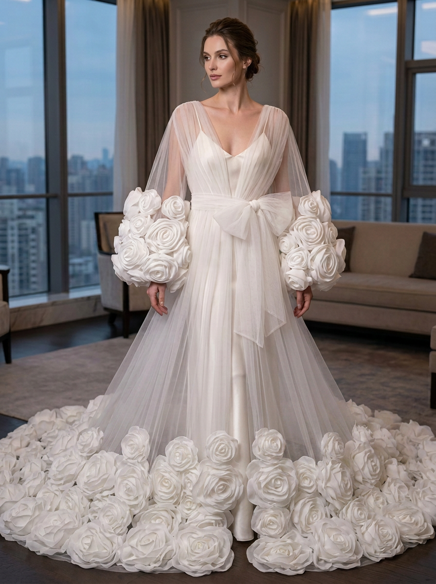 Luxury 3D Organza Flower Bridal Robe Wedding Robe with Flowers Train YD260727