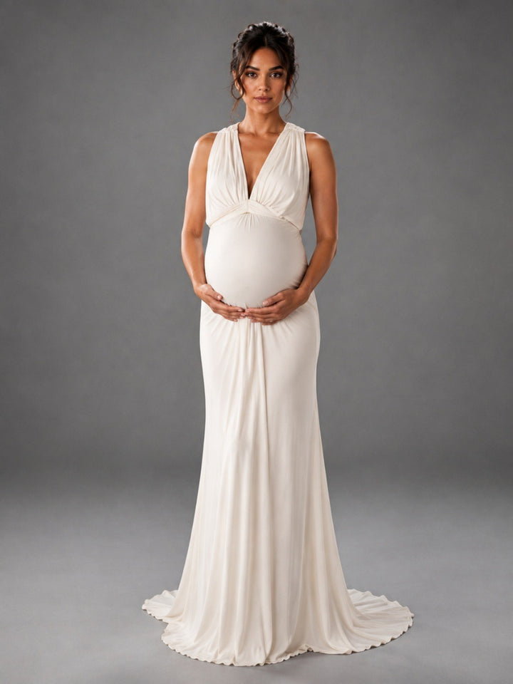 Ivory Sleeveless Deep V-Neck Mermaid Maternity Baby Shower Dress L-26924