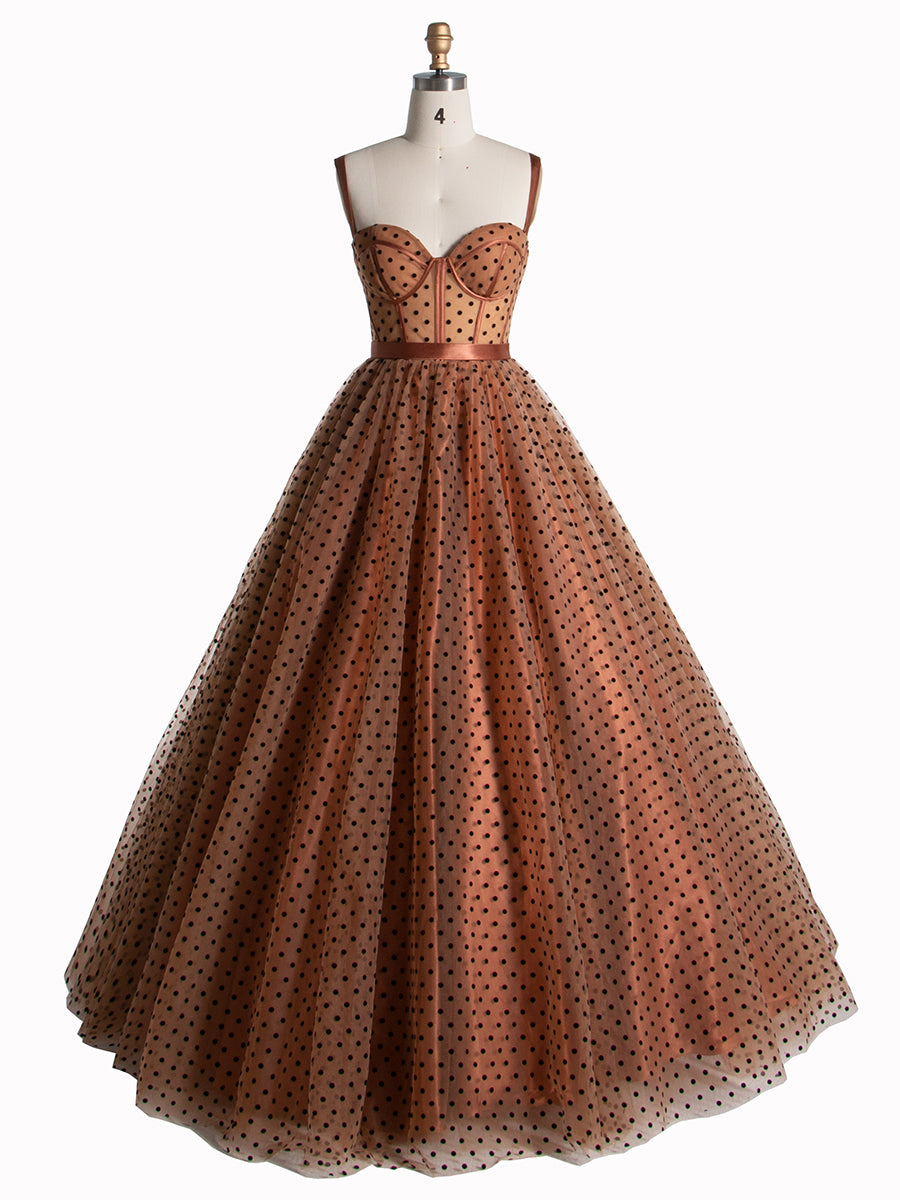 A-Line Sweetheart Polka Dot Tulle Prom Gown Photoshoot Dress with Sweep Train YE2552
