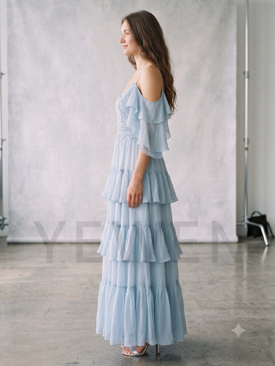 Blue Spaghetti Strap Tiered Ruffle Chiffon Evening Dress ZO269003