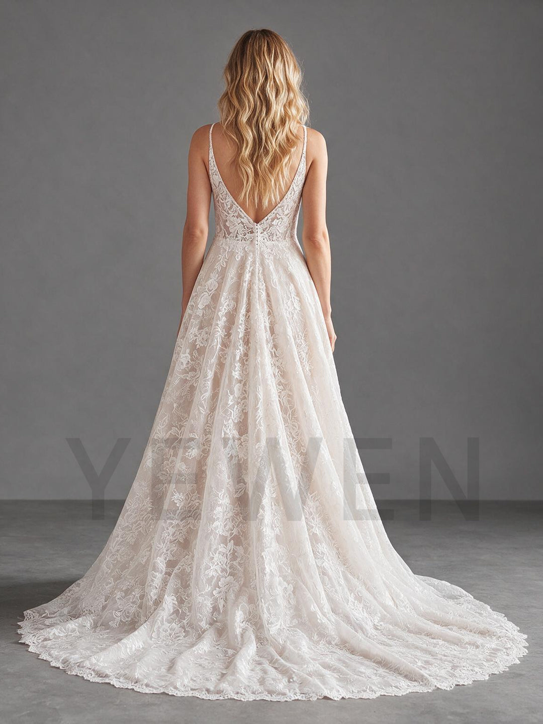 Ivory Spaghetti Strap Deep V-Neck Sheer Floral Lace Wedding Dress