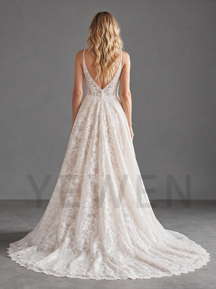 Ivory Spaghetti Strap Deep V-Neck Sheer Floral Lace Wedding Dress