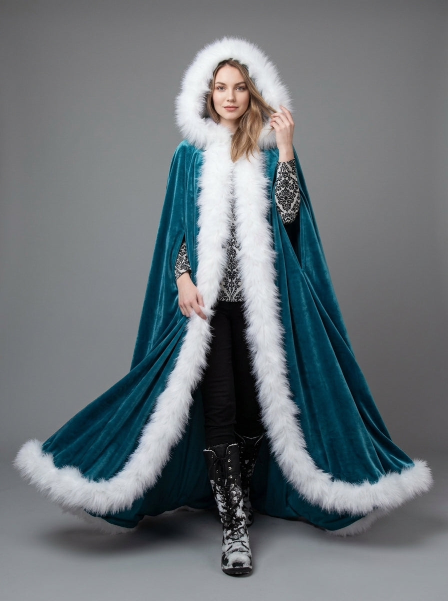 Velvet Hooded Christmas Cape with White Faux Fur Trim YD261013