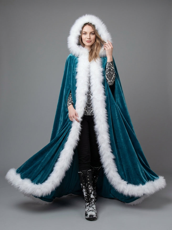 Velvet Hooded Christmas Cape with White Faux Fur Trim YD261013