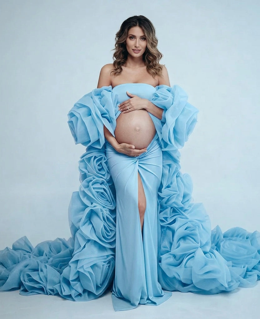 Pre-Order Rose Flower Cape with Slim Dress Set Pregant Dress for Baby Shower Maternity Photoshoot Gown 16-16W / Blue