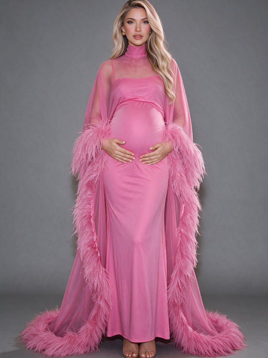 Pink Ostrich Feather Cape Maternity Baby Shower Dress YD260834