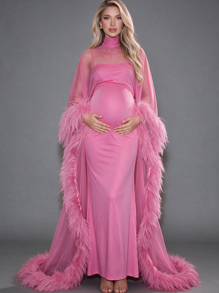 Pink Ostrich Feather Cape Maternity Baby Shower Dress YD260834