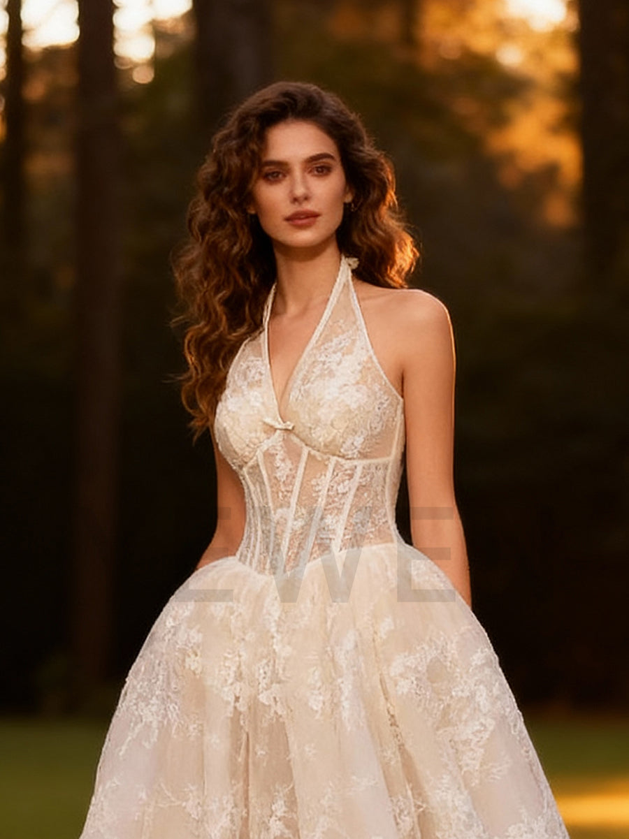 Romantic Halter V Neck Wedding Dress A Line Lace Bridal Gown