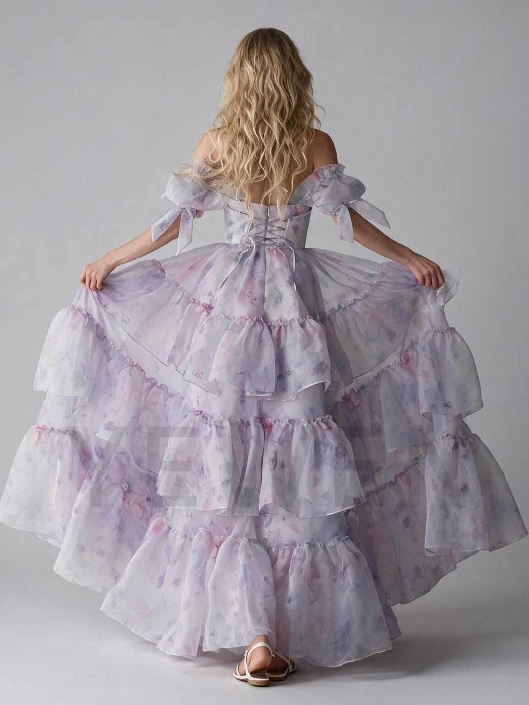 Lilac Floral Off-Shoulder Puff Sleeve Princess Dress YW2609271