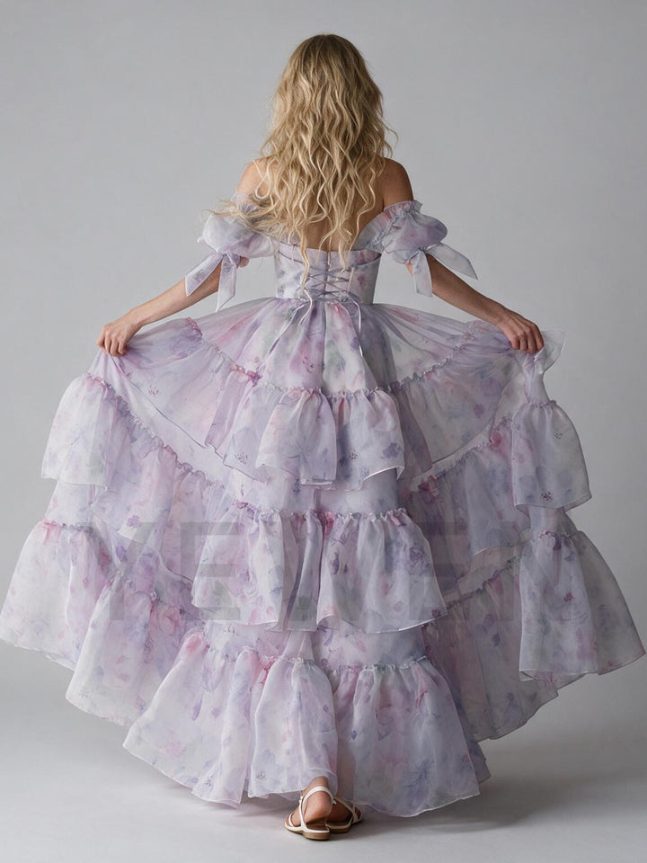 Lilac Floral Off-Shoulder Puff Sleeve Princess Dress YW2609271