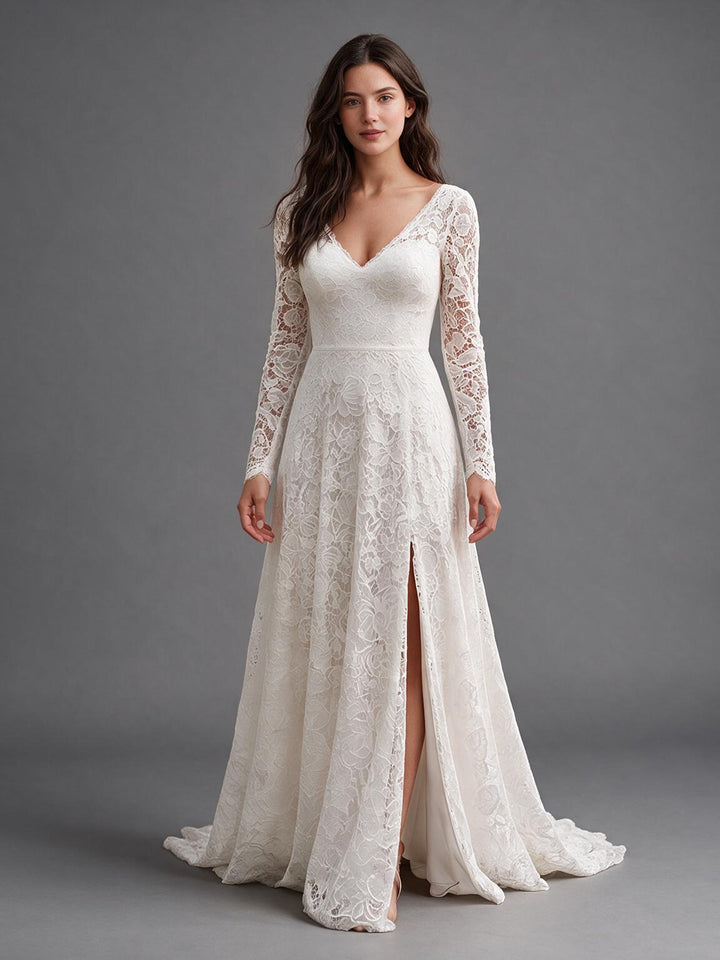 Ivory V-Neck Sheer Long Sleeve High Waist Boho Wedding Dress