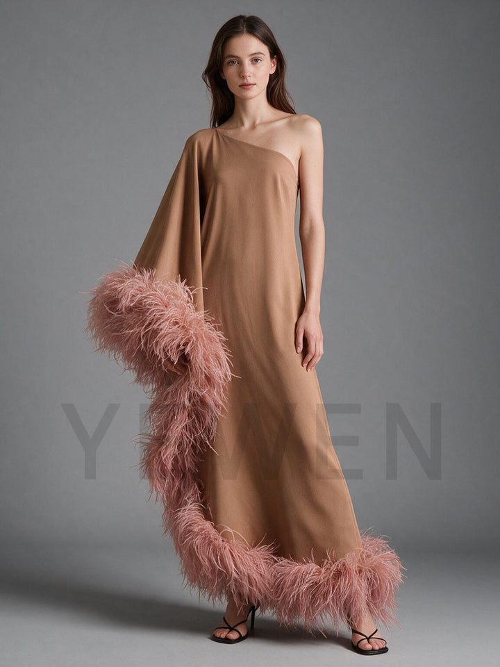 One-Shoulder Poncho Ostrich Feather Satin Evening Gown YW2610065