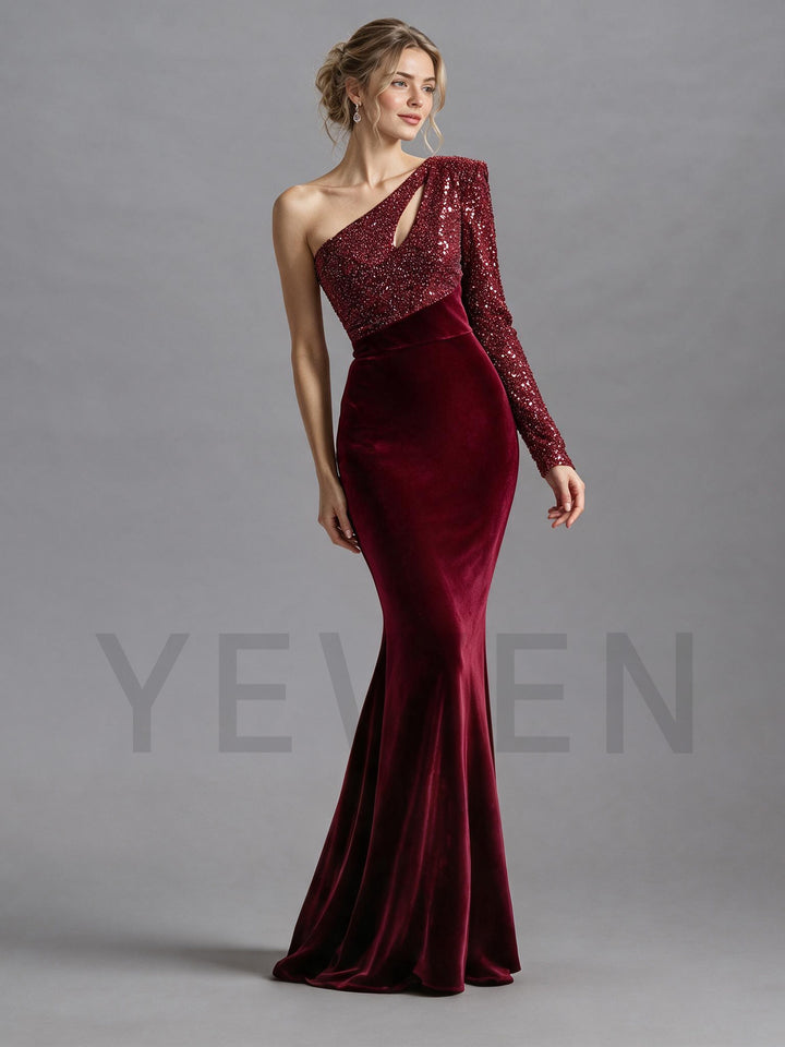 Burgundy One-Shoulder Sequin Velvet Mermaid Christmas Dress YW2609213