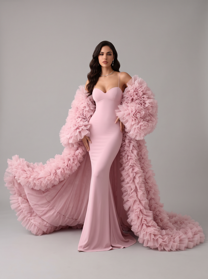 Blush Pink Photoshoot Gown | Ruffled Tulle Boudoir Robe & Sweetheart Maxi Dress YD260801