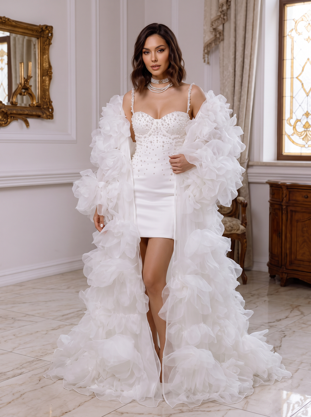 Luxury Pearl-Embellished Mini Wedding Dress with Detachable Voluminous Ruffled Organza Cape YD260813