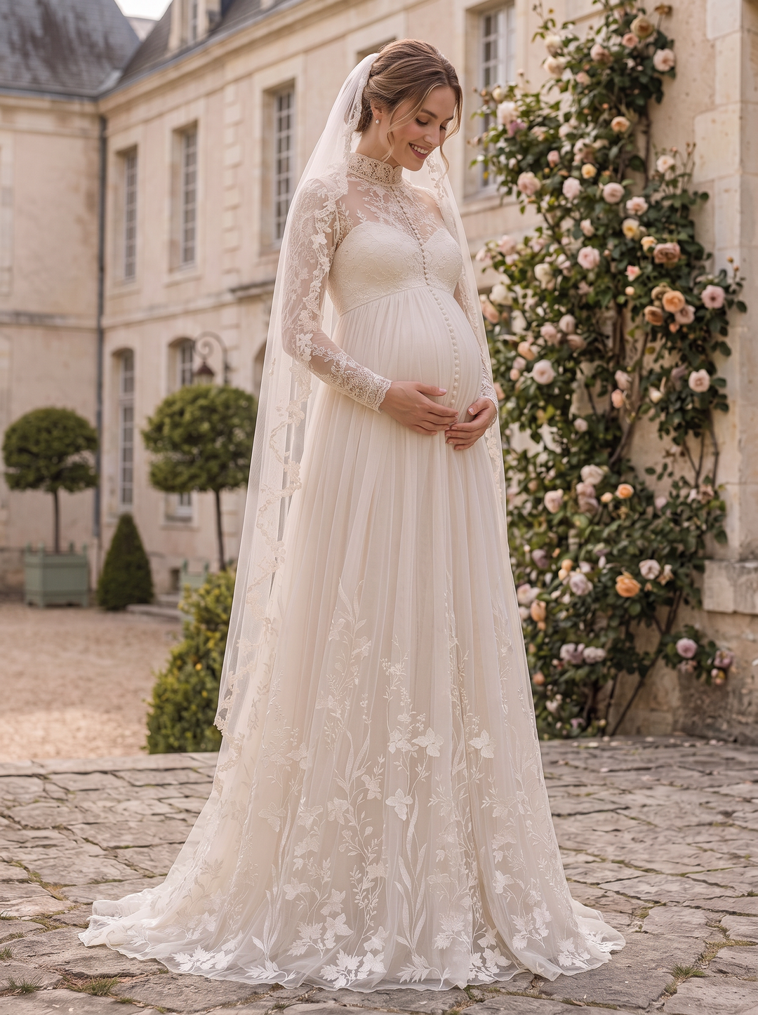 French Lace Maternity Bridal Dress Pregnant Bride Gown YD260823