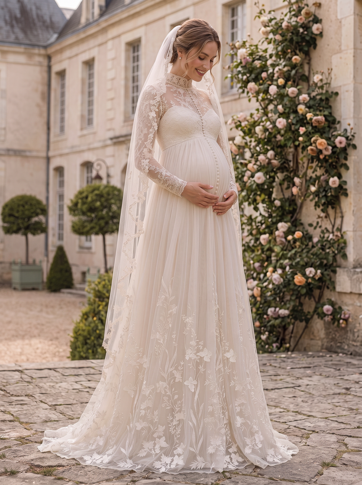 French Lace Maternity Bridal Dress Pregnant Bride Gown YD260823