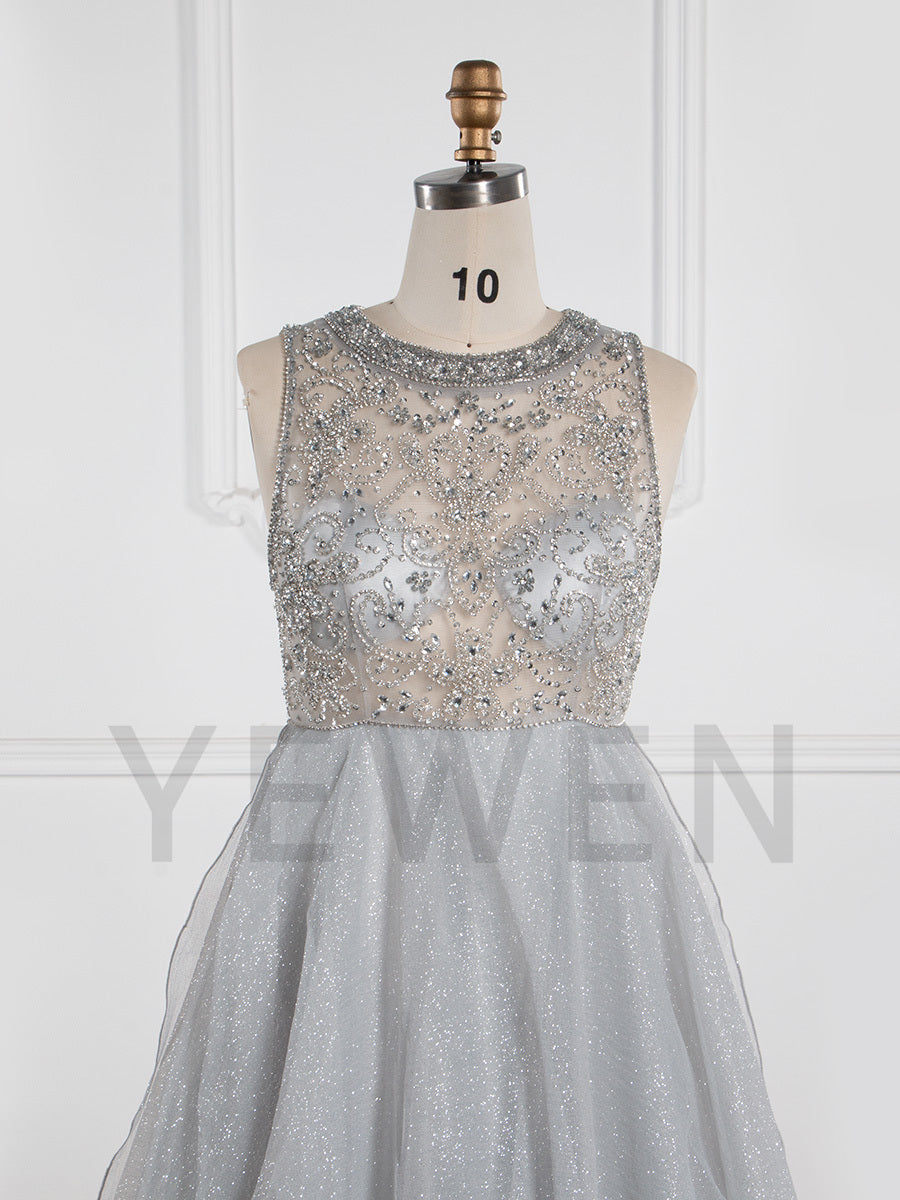 A-Line Beaded Prom Dress Floor-Length Sparkle Fabric Evening Wear Photo Shoot Dress B001