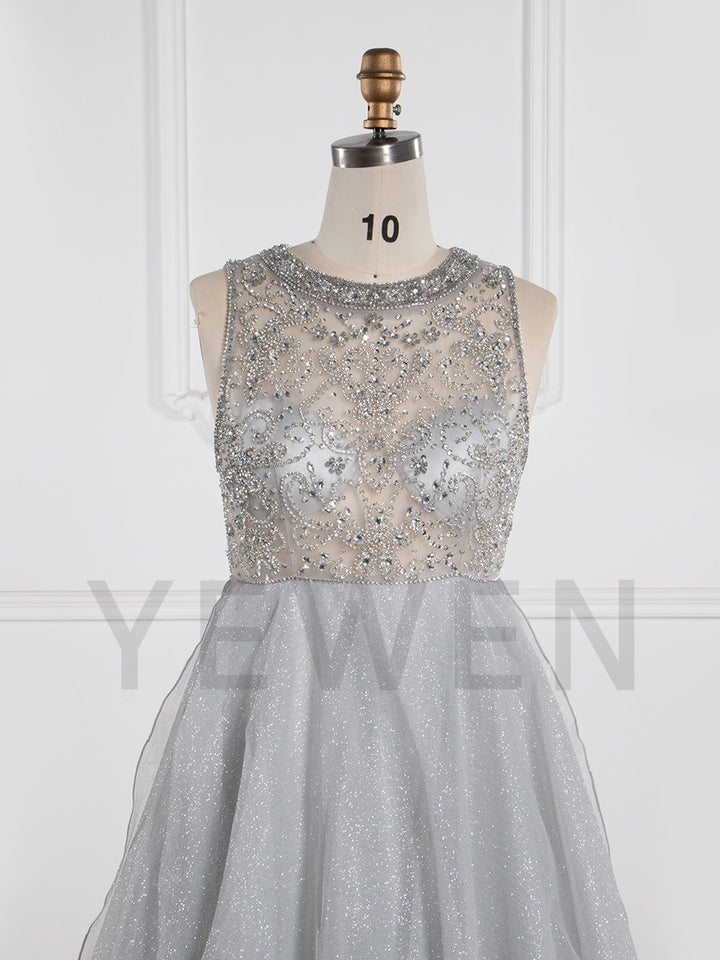 A-Line Beaded Prom Dress Floor-Length Sparkle Fabric Evening Wear Photo Shoot Dress B001