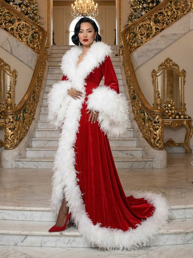 Red Velvet Deep V-Neck White Feather Trim Christmas Gown YD260912