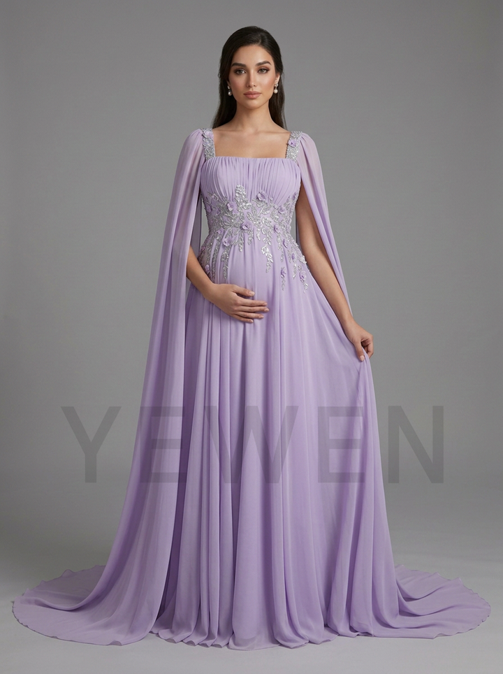 Chiffon Cape Sleeve Floral Sequin Maternity Baby Shower Dress YD260928