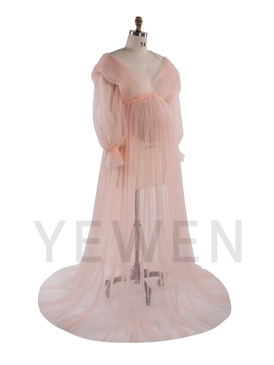 Long Sheer Tulle Maternity Dress for Photoshoot Pleated Pregnancy Gown for Photoshoots YW250029