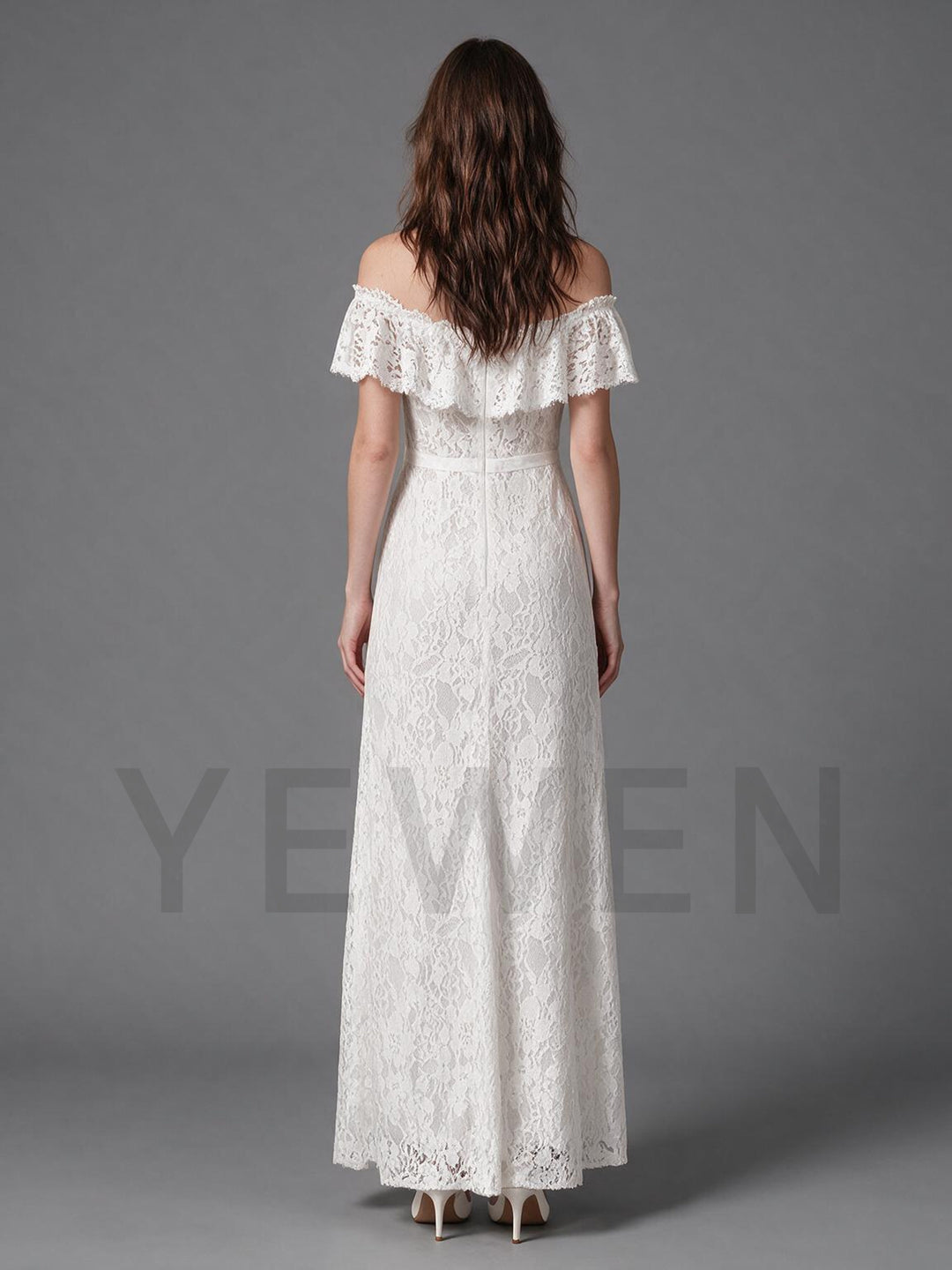 Ivory Off-Shoulder Ruffle Lace Wedding Dress with High Slit Skirt